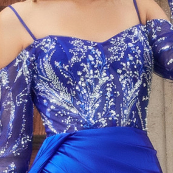 Royal,long sleeve beaded off the shoulder fitted leg slit floor length gown - Picture 2 of 9